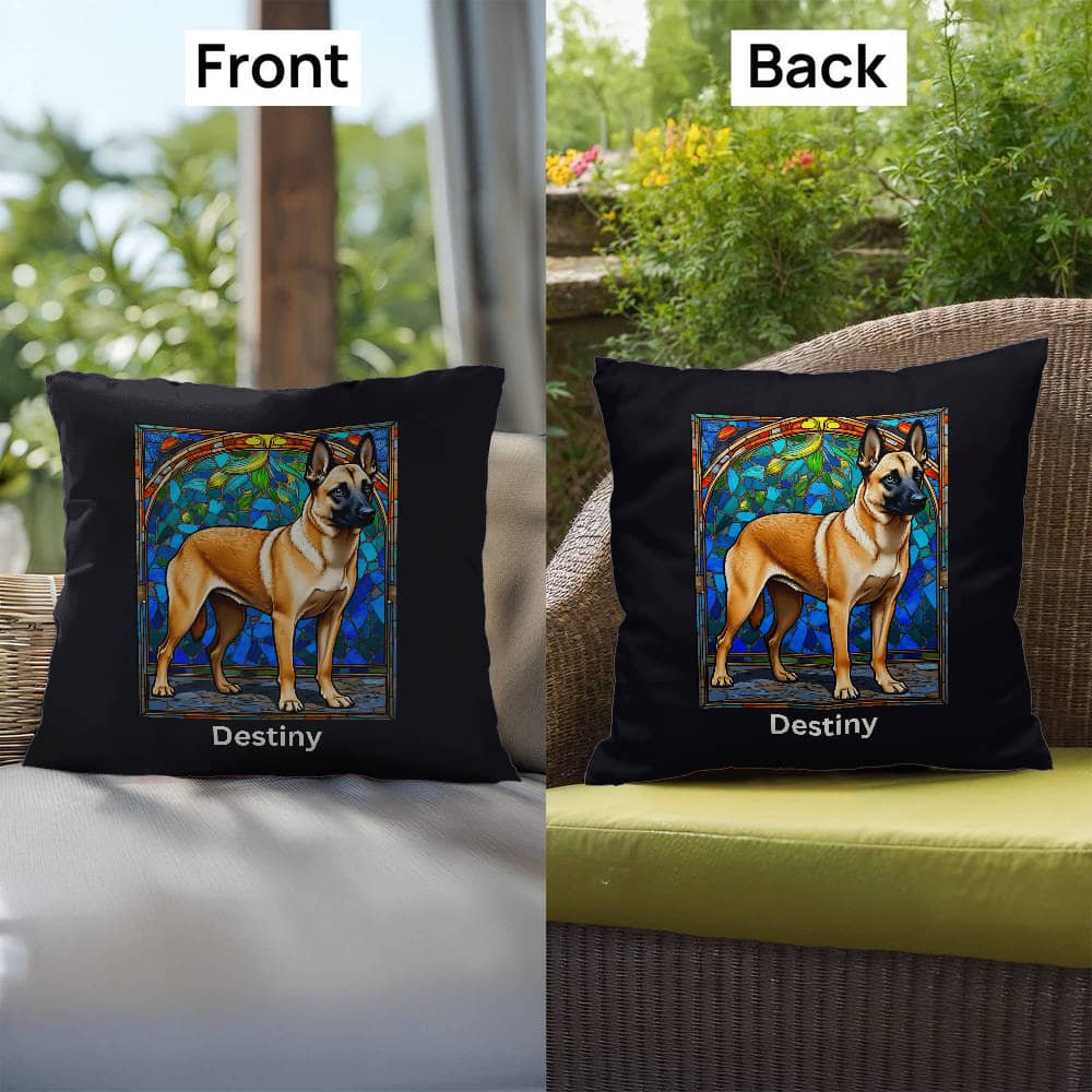 Cream Sable Belgian Malinois Pillow, personalized name stained glass art for cozy home décor