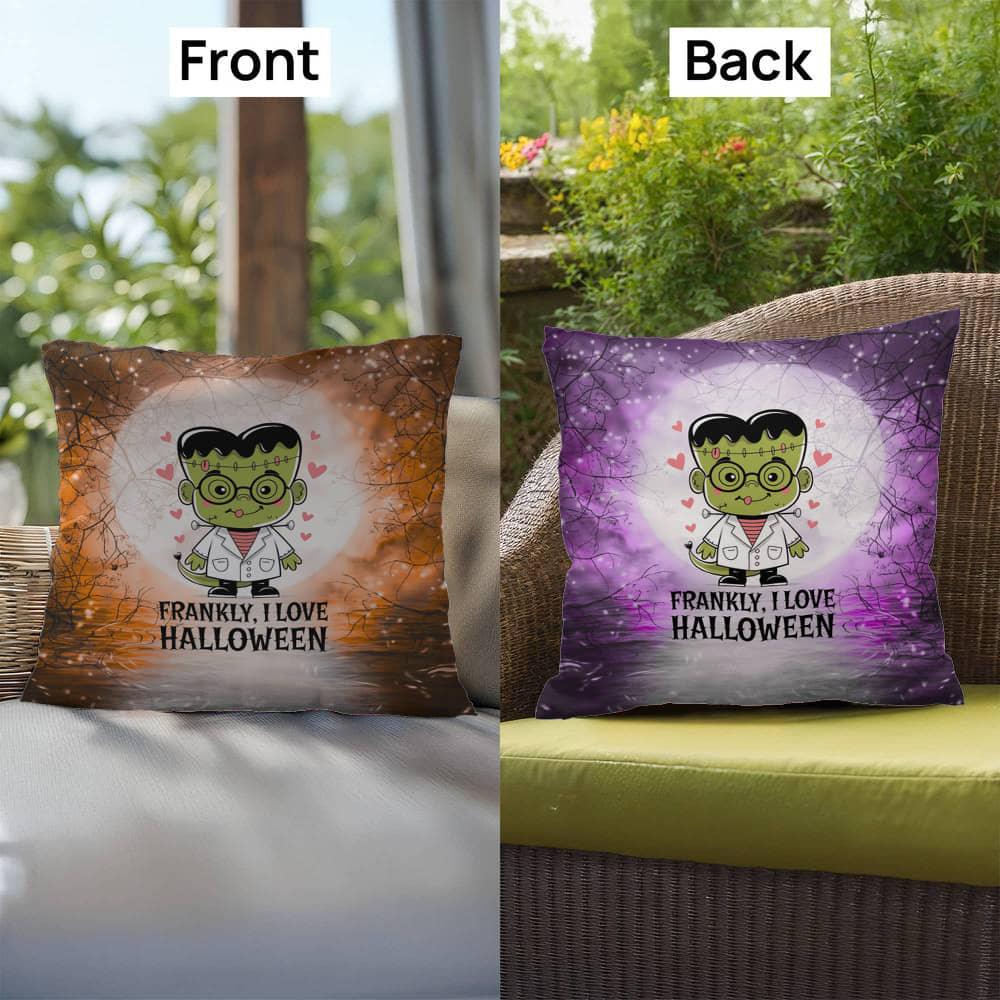 Frankenstein-inspired indoor/outdoor Halloween pillow with “Frankly I Love Halloween”
