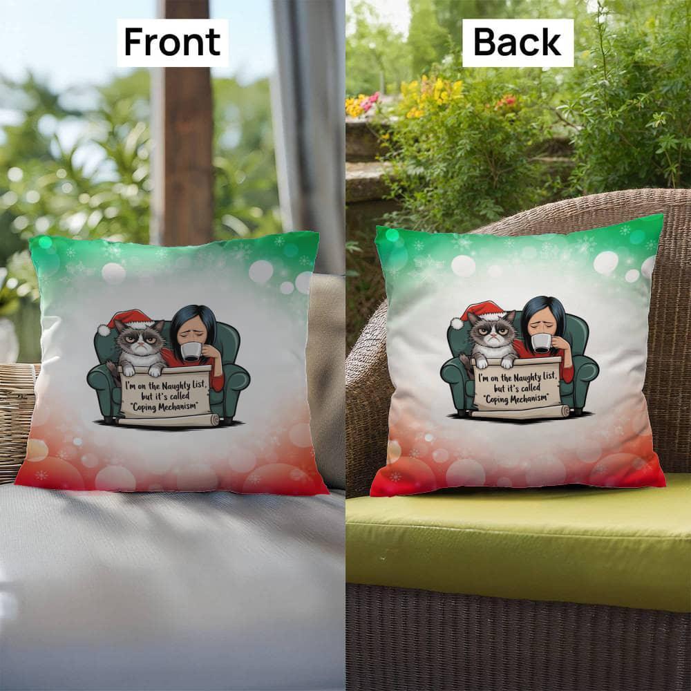 Shop our premium naughty list woman and cat indoor outdoor pillow from MySisterIsASurvivor.