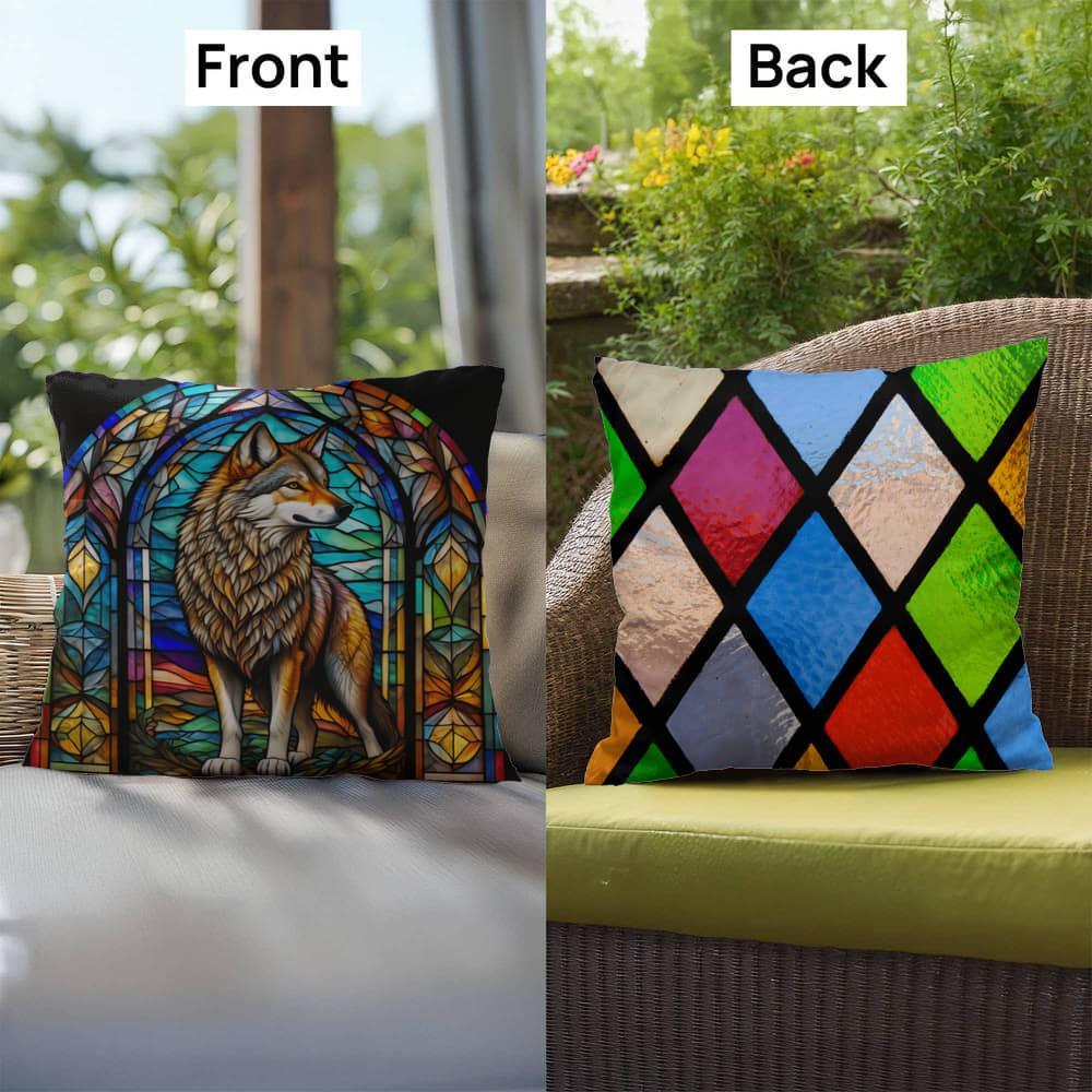 Shop our premium wolf stained glass indoor outdoor pillow from MySisterIsASurvivor.