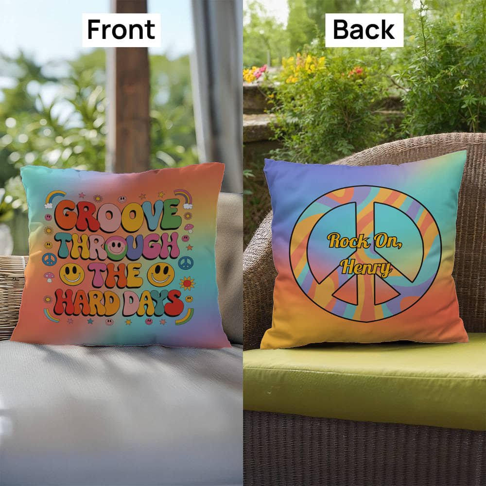 Custom affirmation pillow with “Groove Through the Hard Days” in retro style, great for emotional support and self-care zones