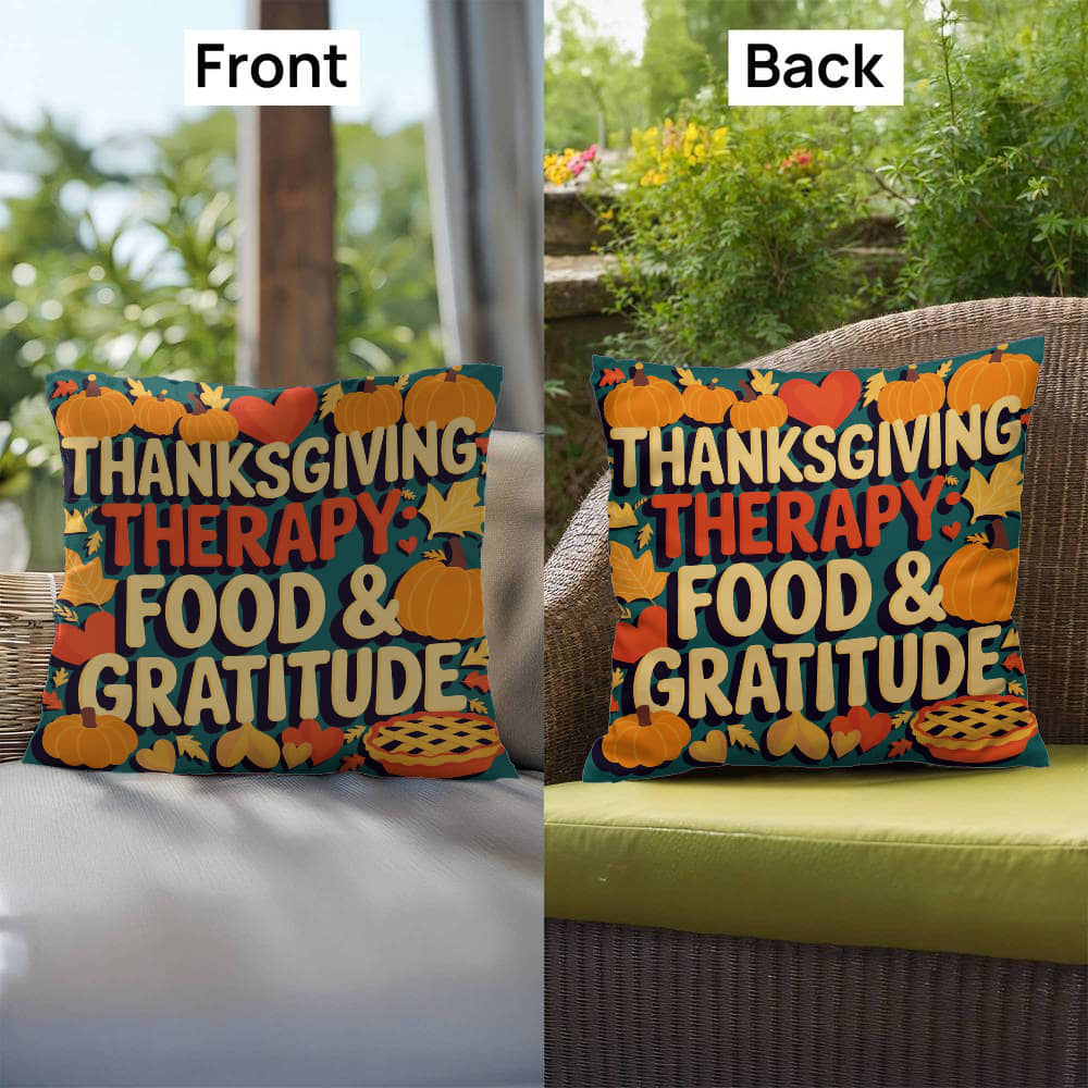 Thanksgiving Therapy: Food & Gratitude throw pillow with mindfulness quote and cozy fall décor