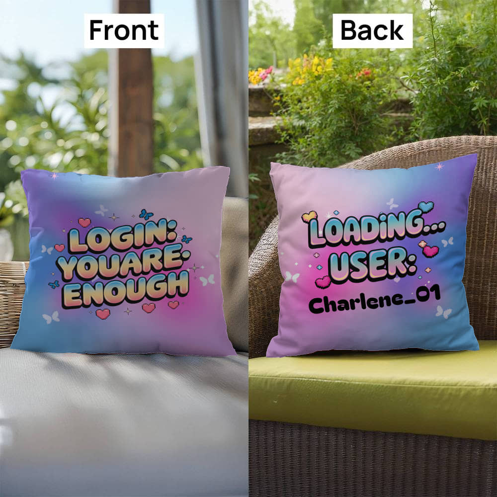 Login: YouAreEnough custom pillow in retro-tech style font, perfect for mental health awareness and affirmation decor