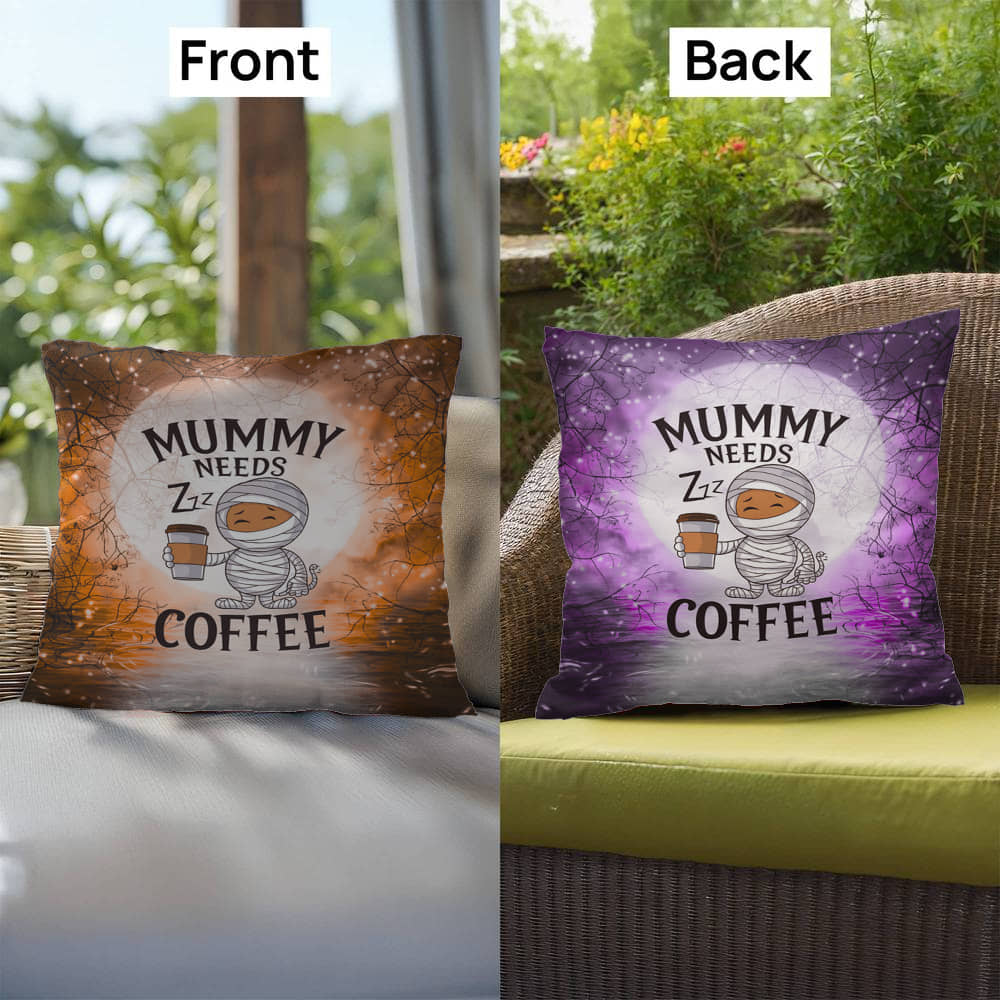 Halloween indoor/outdoor pillow with “Mummy Needs Coffee” for spooky humor and décor