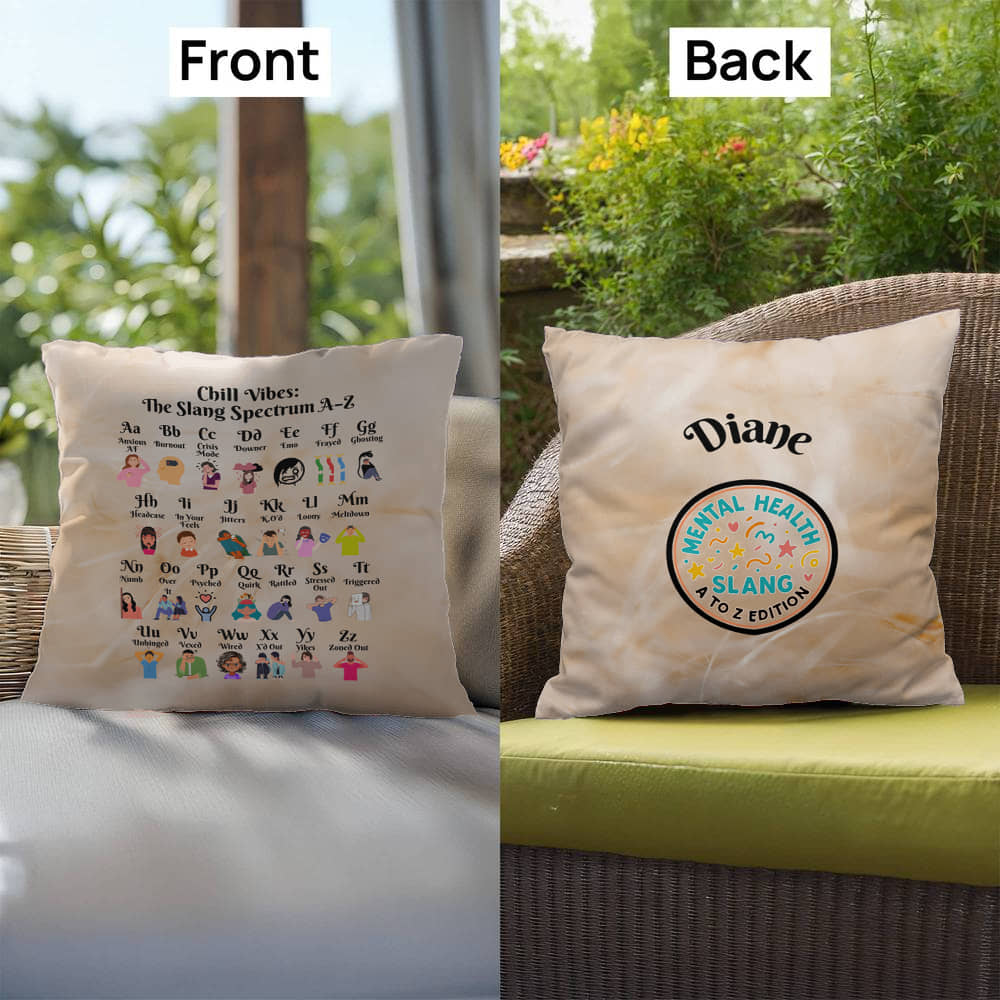 Slang spectrum pillow featuring A to Z mental wellness terms, ideal for emotional support décor