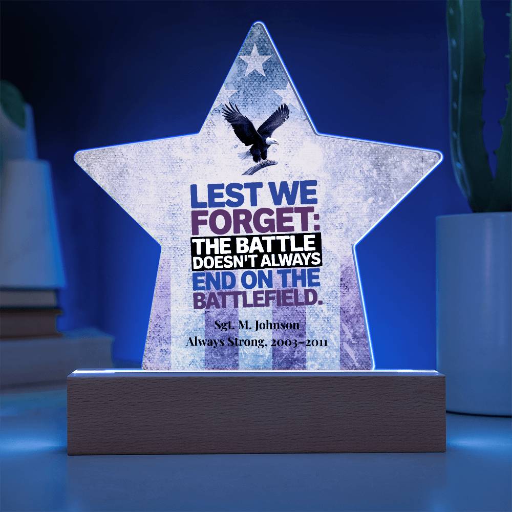 Lest We Forget Star Plaque, Memorial Day, Military Tribute, PTSD Awareness - MySisterIsASurvivor