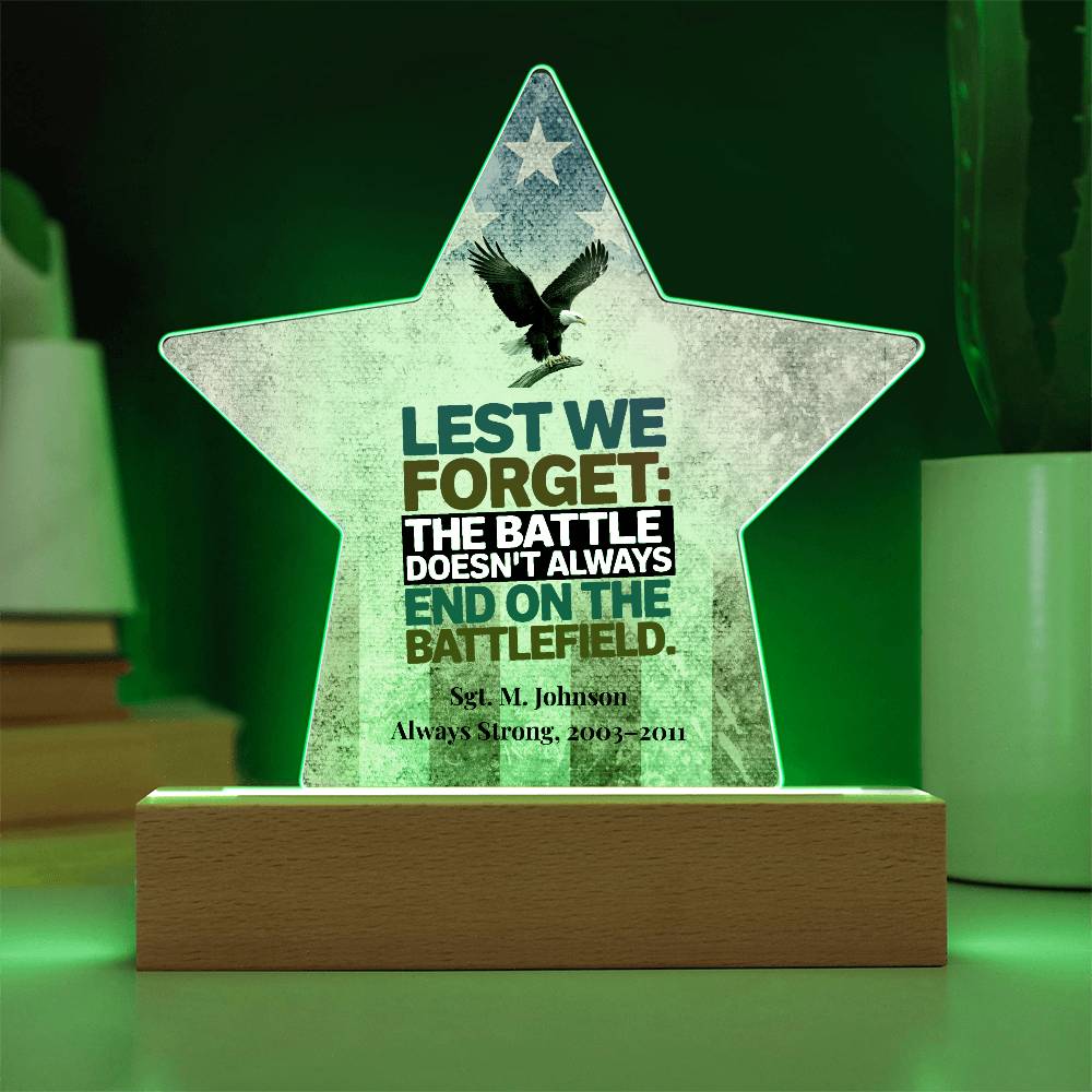 Lest We Forget Star Plaque, Memorial Day, Military Tribute, PTSD Awareness - MySisterIsASurvivor