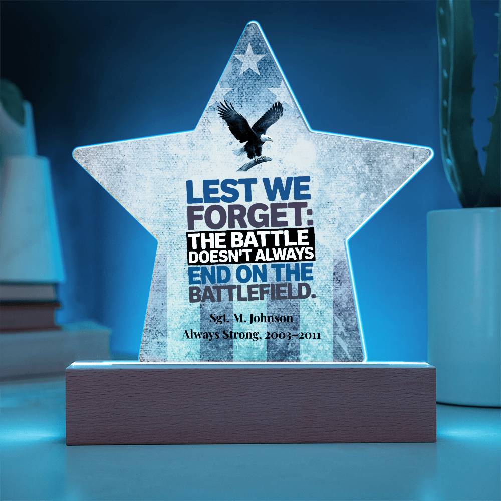 Lest We Forget Star Plaque, Memorial Day, Military Tribute, PTSD Awareness - MySisterIsASurvivor