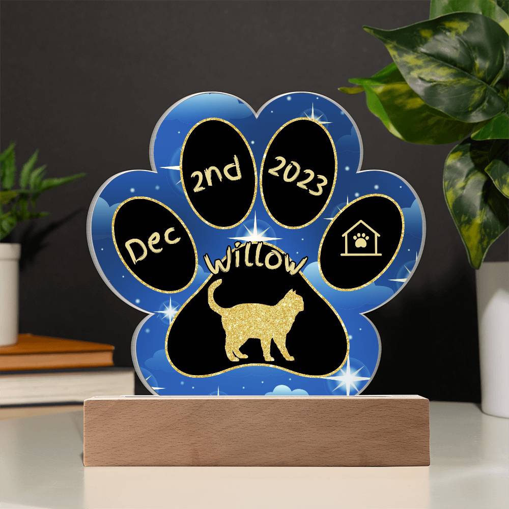 Ojos Azules cat 7" acrylic Gotcha Day plaque with paw print custom design