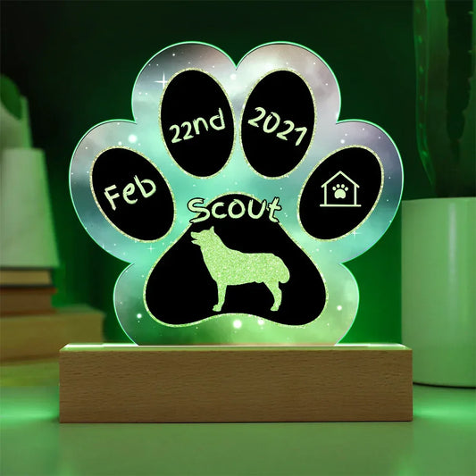Shop our husky personalized dog gotcha day acrylic paw print plaque featuring the Battery Powered LED Base style option from MySisterIsASurvivor.