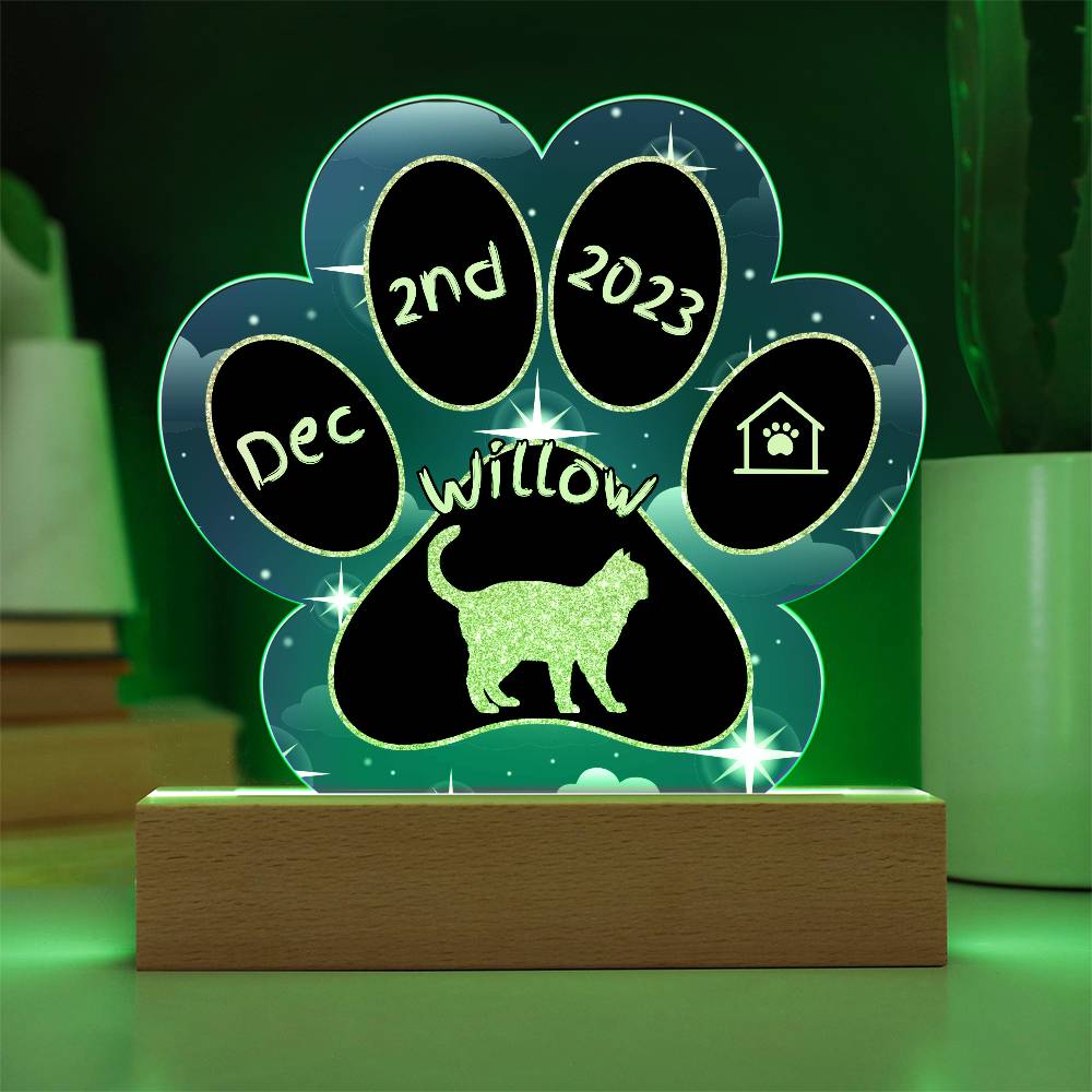 Ojos Azules cat 7" acrylic Gotcha Day plaque with paw print custom design