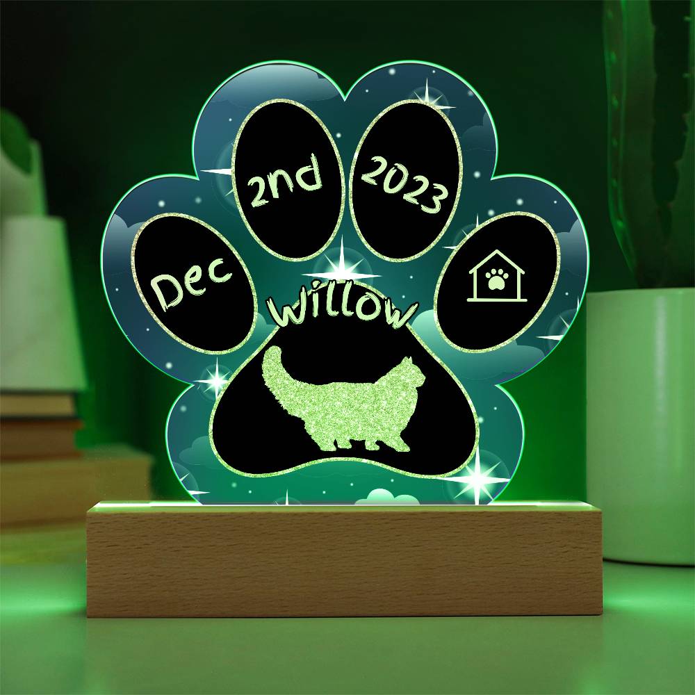 Persian Cat Gotcha Day Plaque - Custom 7" LED Acrylic Paw Print Welcome Home Gift