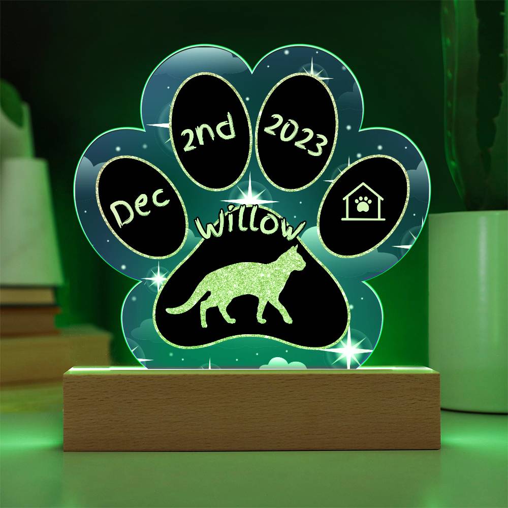 Aegean Cat Gotcha Day Plaque - Custom 7" Acrylic Paw Print LED Adoption Keepsake for Cat Parents