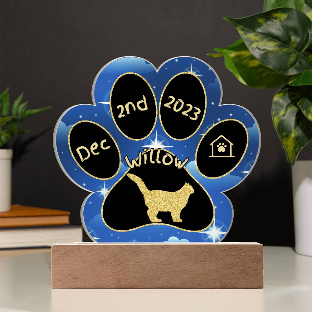 American Curl Cat Gotcha Day Plaque - Custom 7" LED Acrylic Paw Print Feline Adoption Keepsake