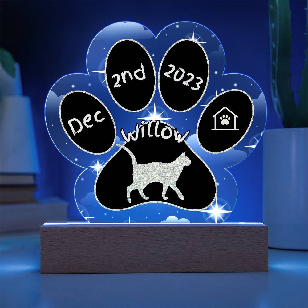 Russian White Cat Gotcha Day Plaque - Custom 7" LED Acrylic Paw Print Pet Gift