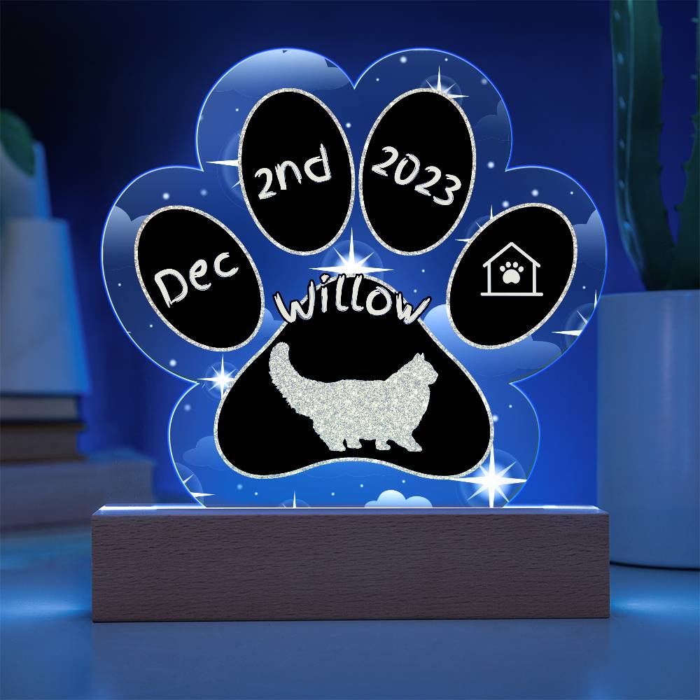 Persian Cat Gotcha Day Plaque - Custom 7" LED Acrylic Paw Print Welcome Home Gift