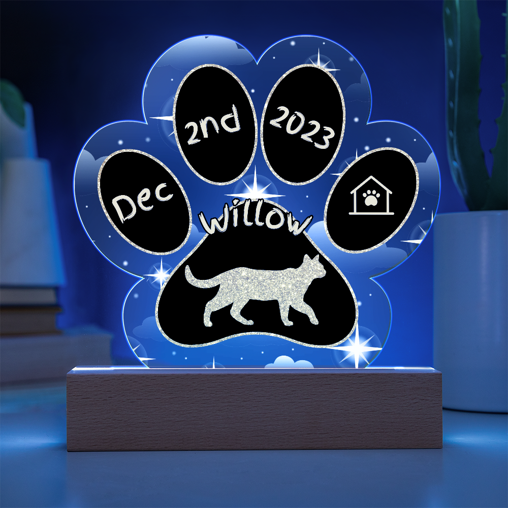 Cyprus Cat Gotcha Day Plaque - Custom 7" LED Acrylic Paw Print Pet Adoption Keepsake Gift