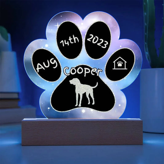 Shop our treeing walker coonhound personalized dog gotcha day acrylic paw print plaque featuring the Battery Powered LED Base style option from MySisterIsASurvivor.