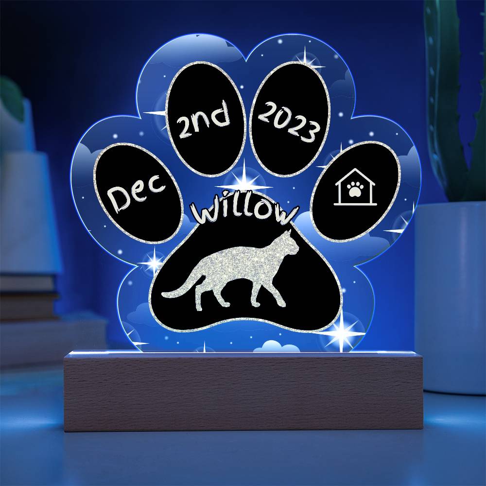Aegean Cat Gotcha Day Plaque - Custom 7" Acrylic Paw Print LED Adoption Keepsake for Cat Parents