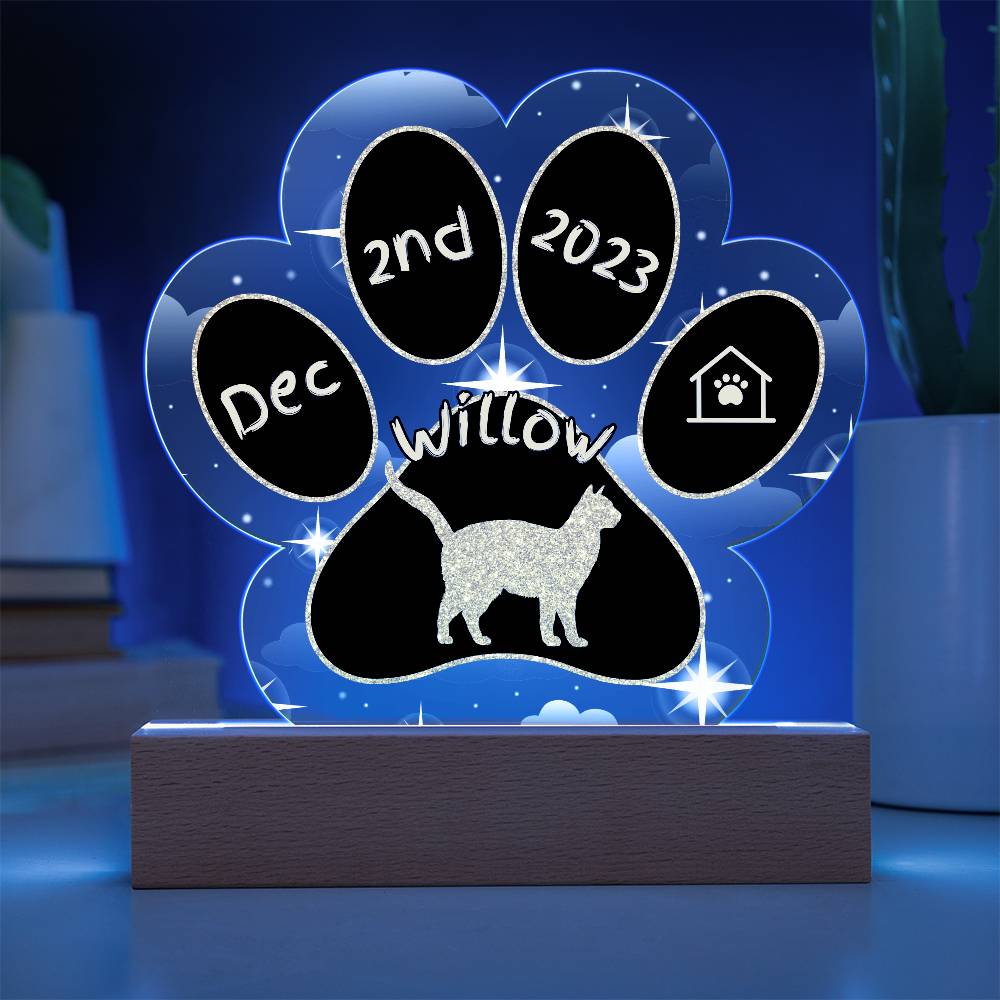 Snowshoe cat 7 inch Gotcha Day plaque with custom paw print in acrylic