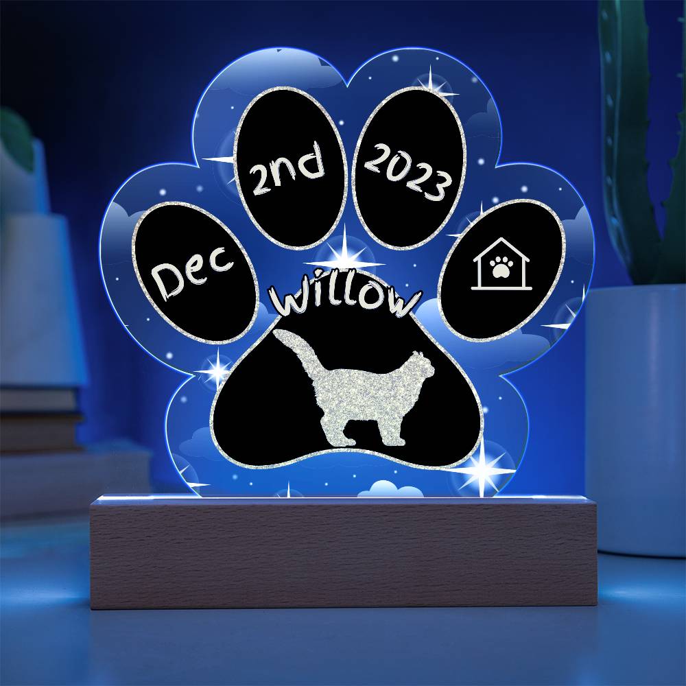 American Curl Cat Gotcha Day Plaque - Custom 7" LED Acrylic Paw Print Feline Adoption Keepsake
