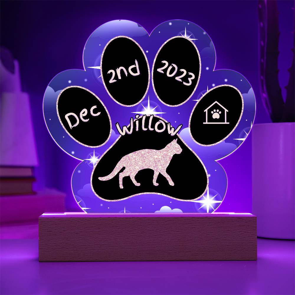 Aegean Cat Gotcha Day Plaque - Custom 7" Acrylic Paw Print LED Adoption Keepsake for Cat Parents