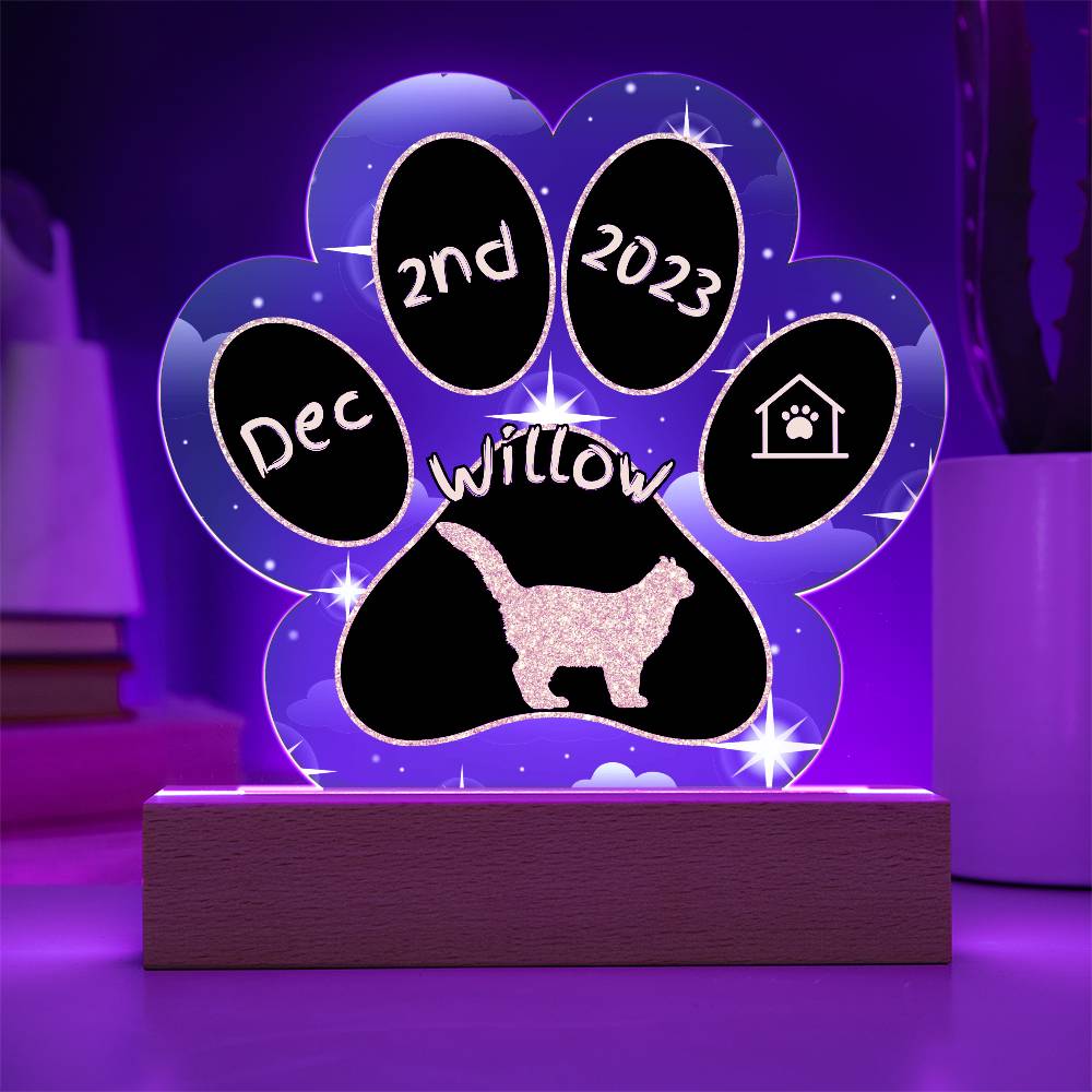 American Curl Cat Gotcha Day Plaque - Custom 7" LED Acrylic Paw Print Feline Adoption Keepsake
