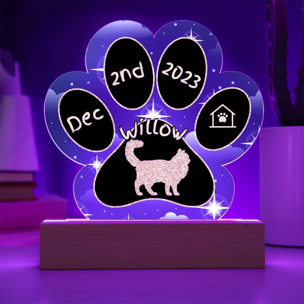 Asian Semi-Longhair Cat Gotcha Day Plaque - Personalized 7" LED Acrylic Paw Print Rescue Keepsake
