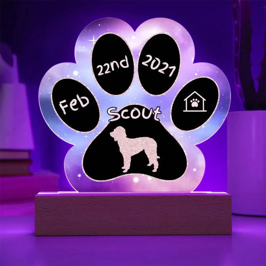 Shop our goldendoodle personalized dog gotcha day acrylic paw print plaque featuring the Battery Powered LED Base style option from MySisterIsASurvivor.