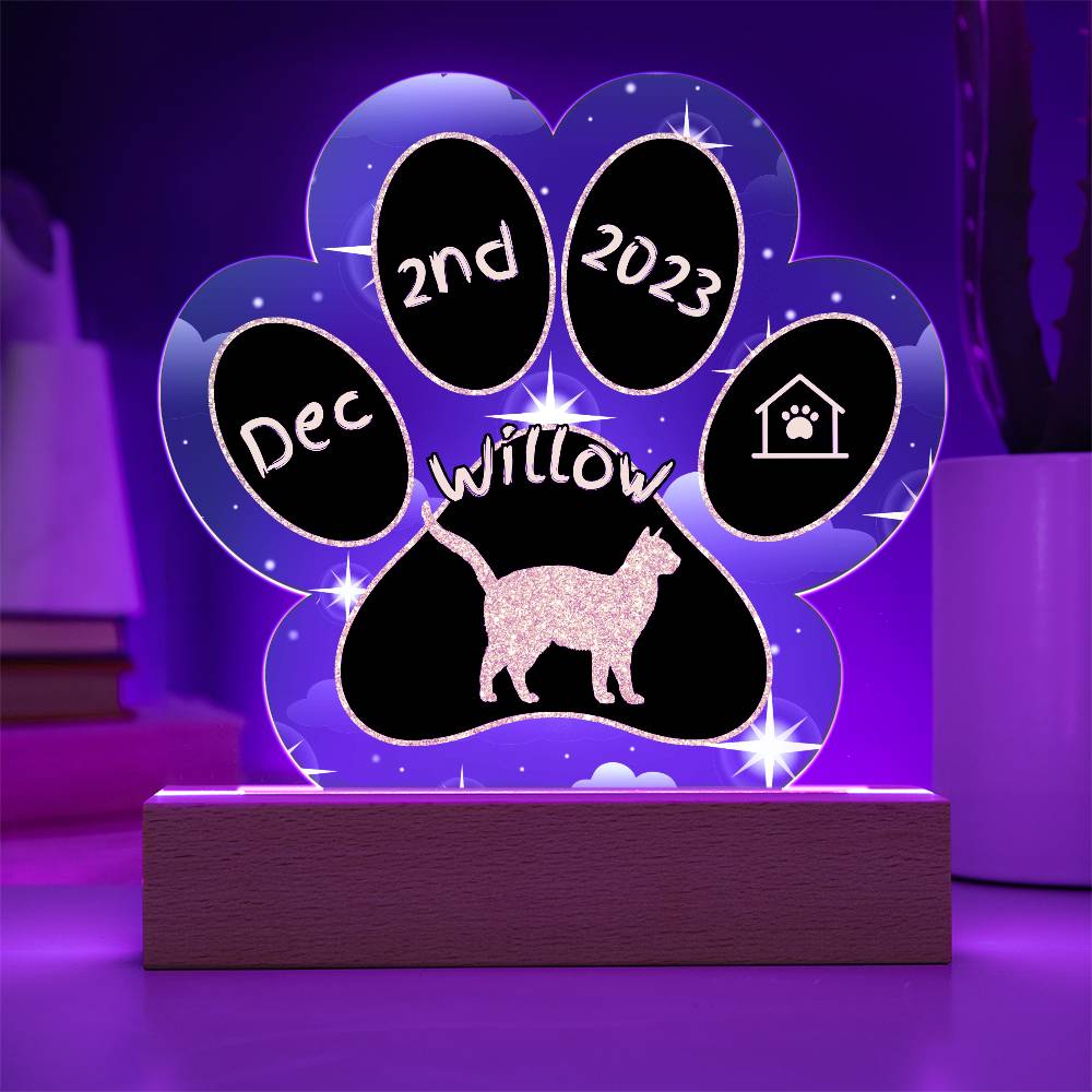 Snowshoe cat 7 inch Gotcha Day plaque with custom paw print in acrylic