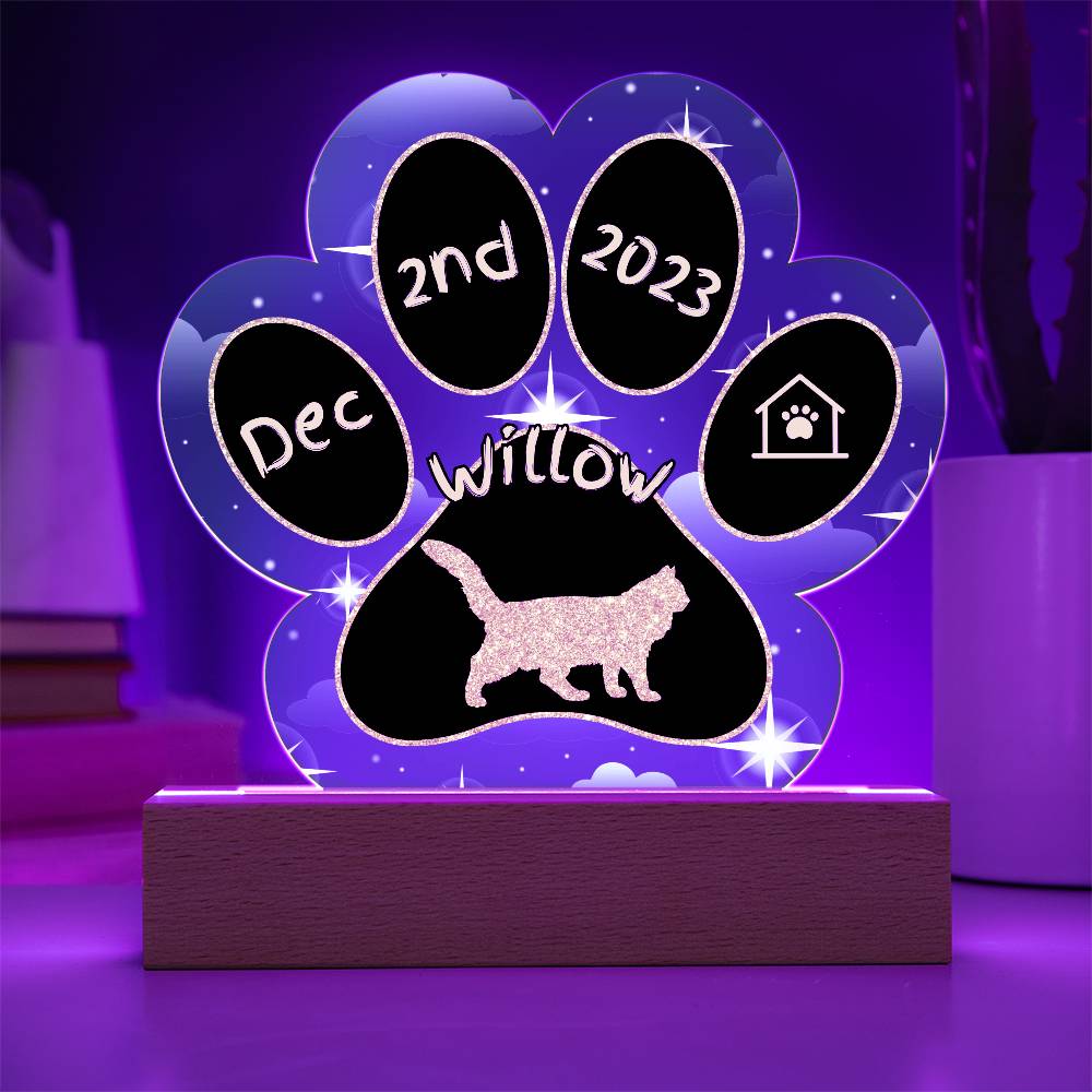 Aphrodite Giant Cat Gotcha Day Plaque - Custom 7" LED Acrylic Paw Print Adoption Memory Gift