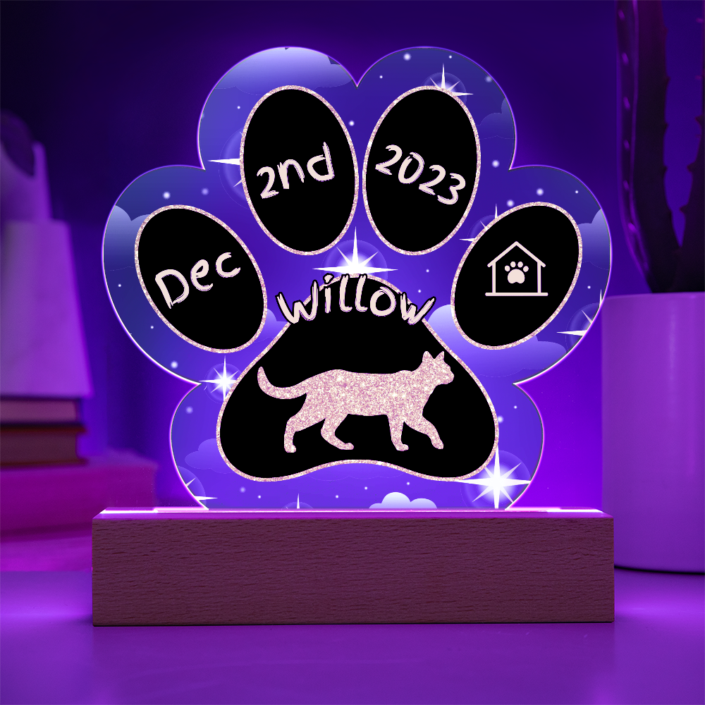 Cyprus Cat Gotcha Day Plaque - Custom 7" LED Acrylic Paw Print Pet Adoption Keepsake Gift