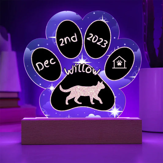Shop our cyprus personalized cat gotcha day acrylic paw print plaque featuring the Battery Powered LED Base style option from MySisterIsASurvivor.