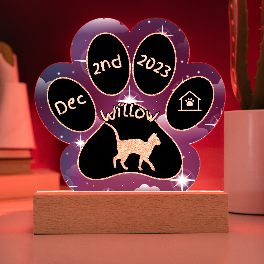 Abyssinian Cat Gotcha Day Plaque - Personalized 7" LED Acrylic Paw Print Gift for Cat Lovers