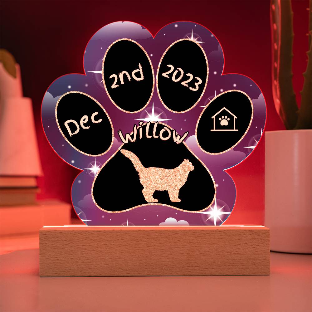 American Curl Cat Gotcha Day Plaque - Custom 7" LED Acrylic Paw Print Feline Adoption Keepsake