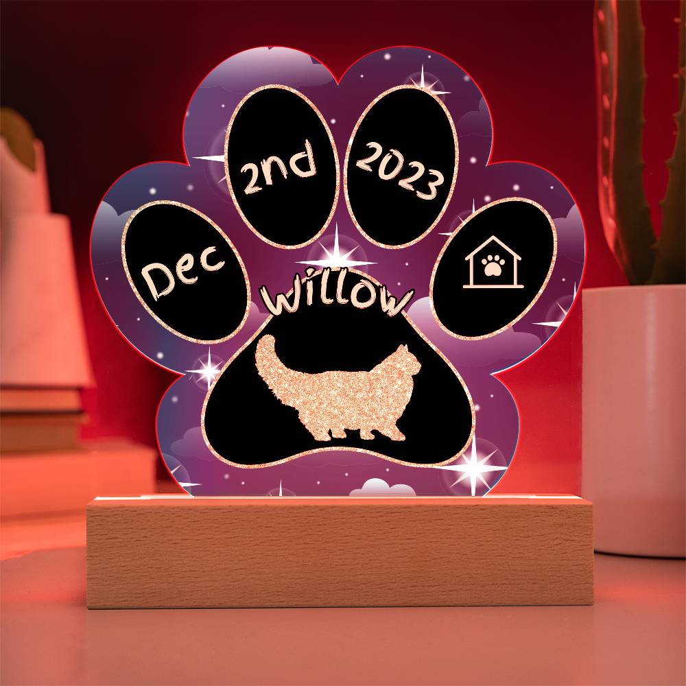 Persian Cat Gotcha Day Plaque - Custom 7" LED Acrylic Paw Print Welcome Home Gift
