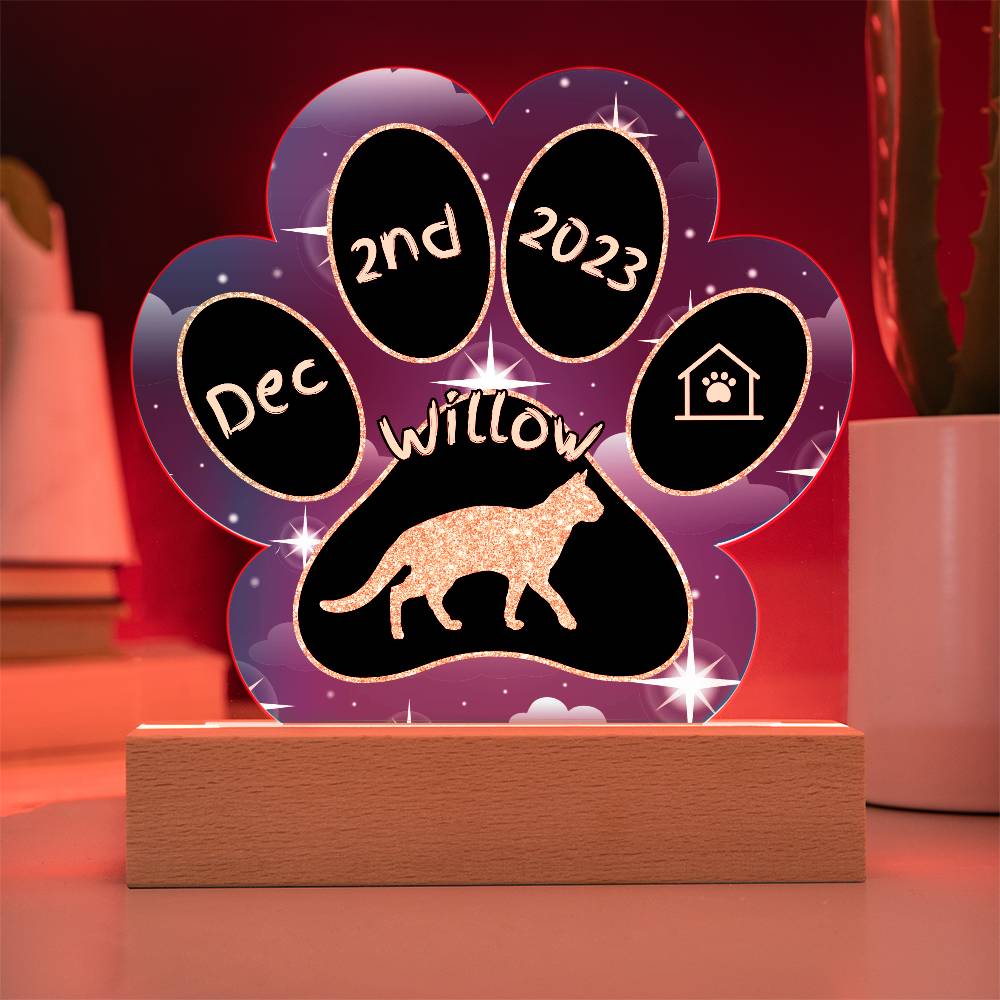 Aegean Cat Gotcha Day Plaque - Custom 7" Acrylic Paw Print LED Adoption Keepsake for Cat Parents