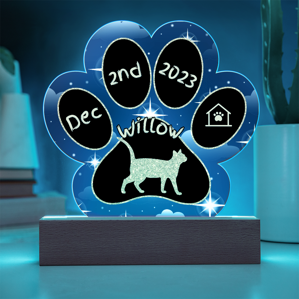 Asian Cat Gotcha Day Plaque - Personalized 7" LED Acrylic Paw Print Birthday & Adoption Gift