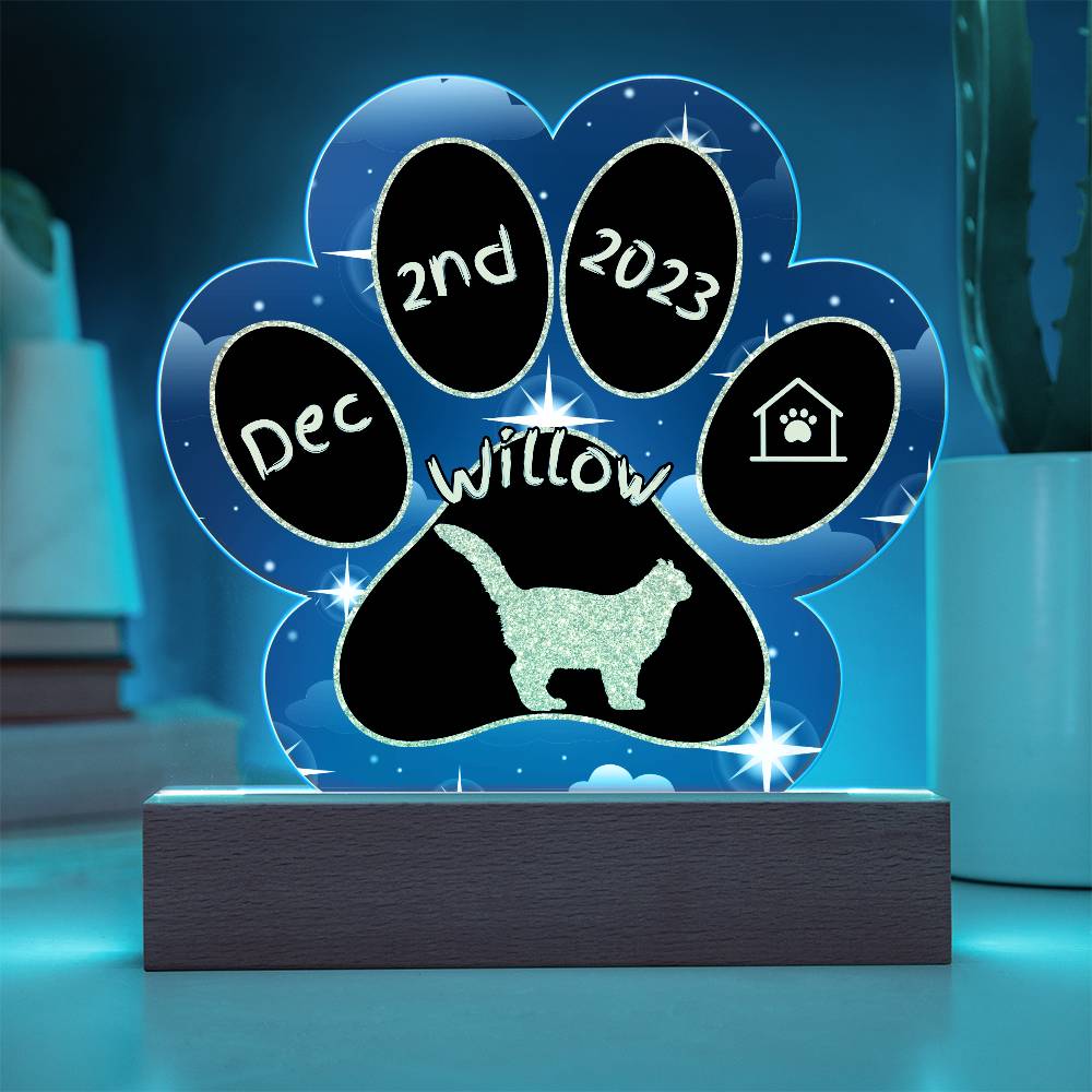 American Curl Cat Gotcha Day Plaque - Custom 7" LED Acrylic Paw Print Feline Adoption Keepsake