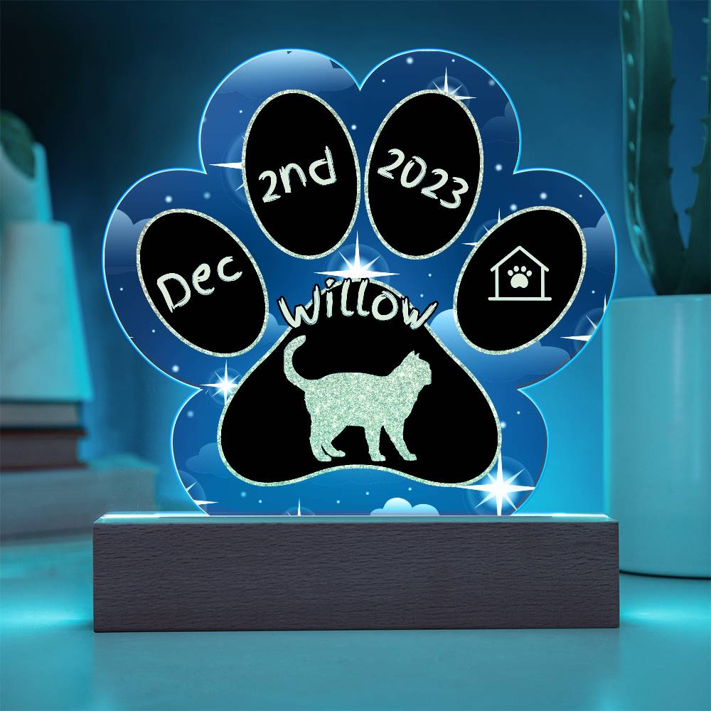 Ojos Azules cat 7" acrylic Gotcha Day plaque with paw print custom design