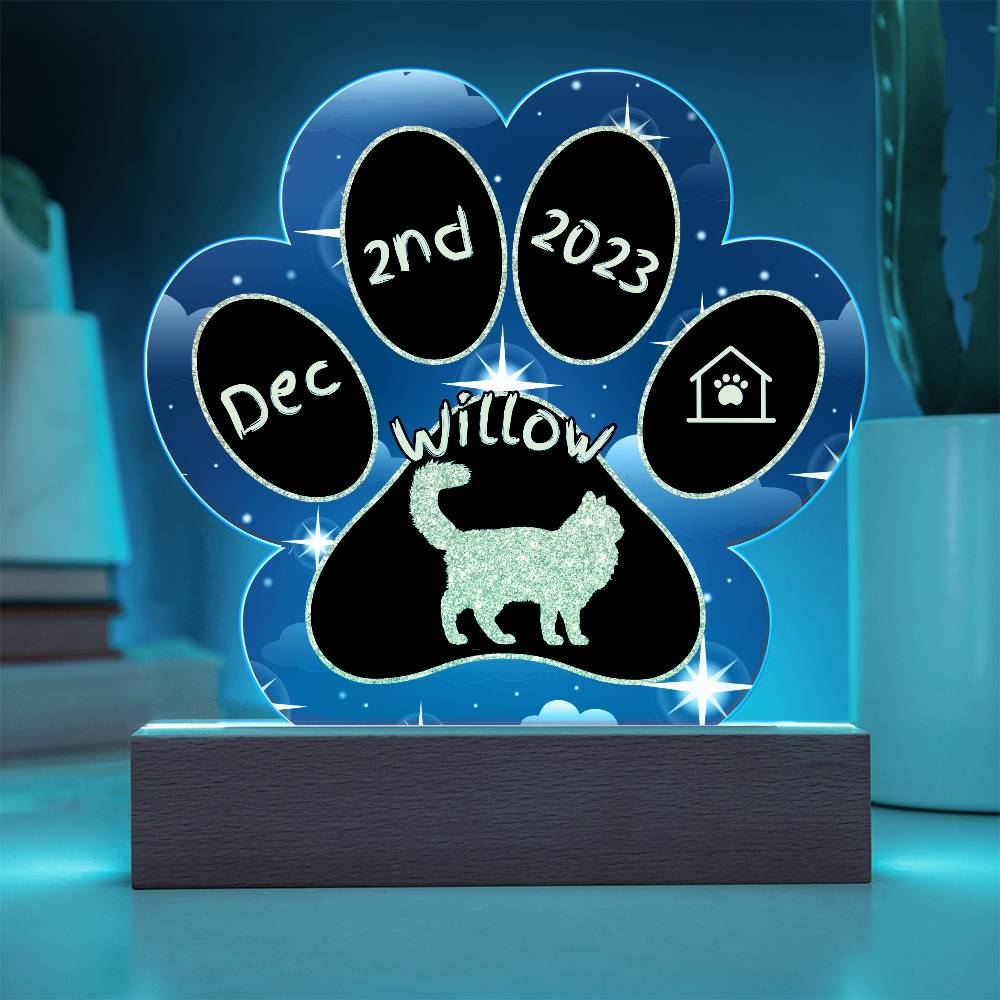 Asian Semi-Longhair Cat Gotcha Day Plaque - Personalized 7" LED Acrylic Paw Print Rescue Keepsake