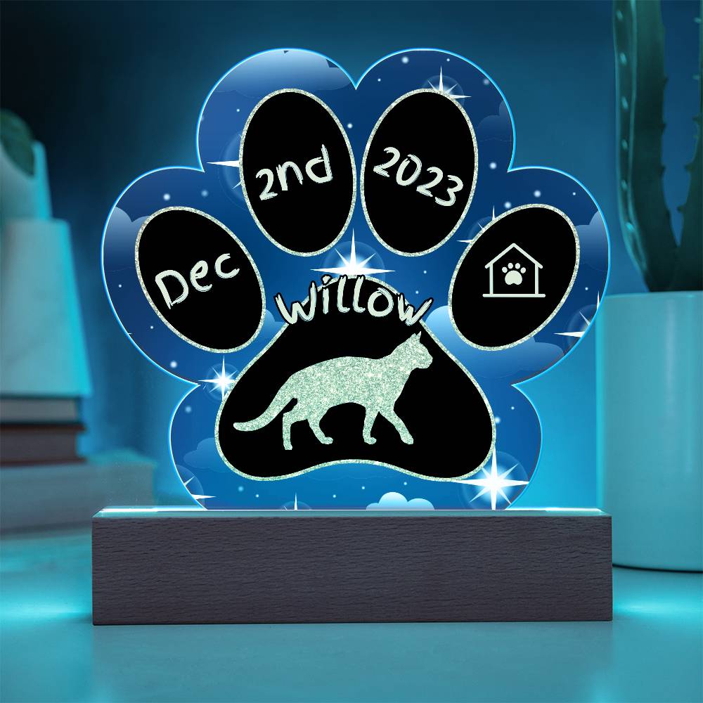 Aegean Cat Gotcha Day Plaque - Custom 7" Acrylic Paw Print LED Adoption Keepsake for Cat Parents