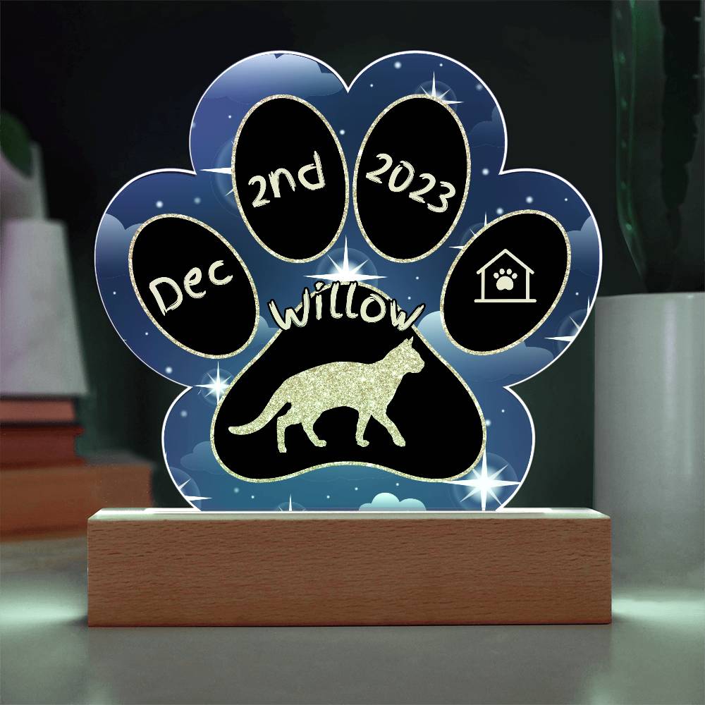 Aegean Cat Gotcha Day Plaque - Custom 7" Acrylic Paw Print LED Adoption Keepsake for Cat Parents