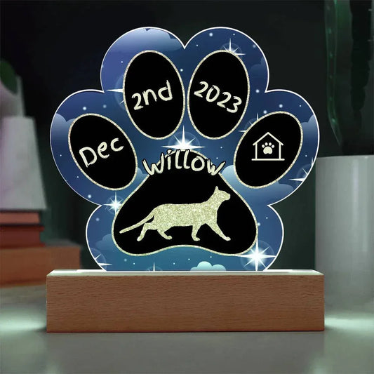 Shop our tonkinese personalized cat gotcha day acrylic paw print plaque featuring the Battery Powered LED Base style option from MySisterIsASurvivor.