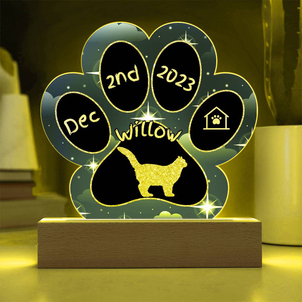 American Curl Cat Gotcha Day Plaque - Custom 7" LED Acrylic Paw Print Feline Adoption Keepsake