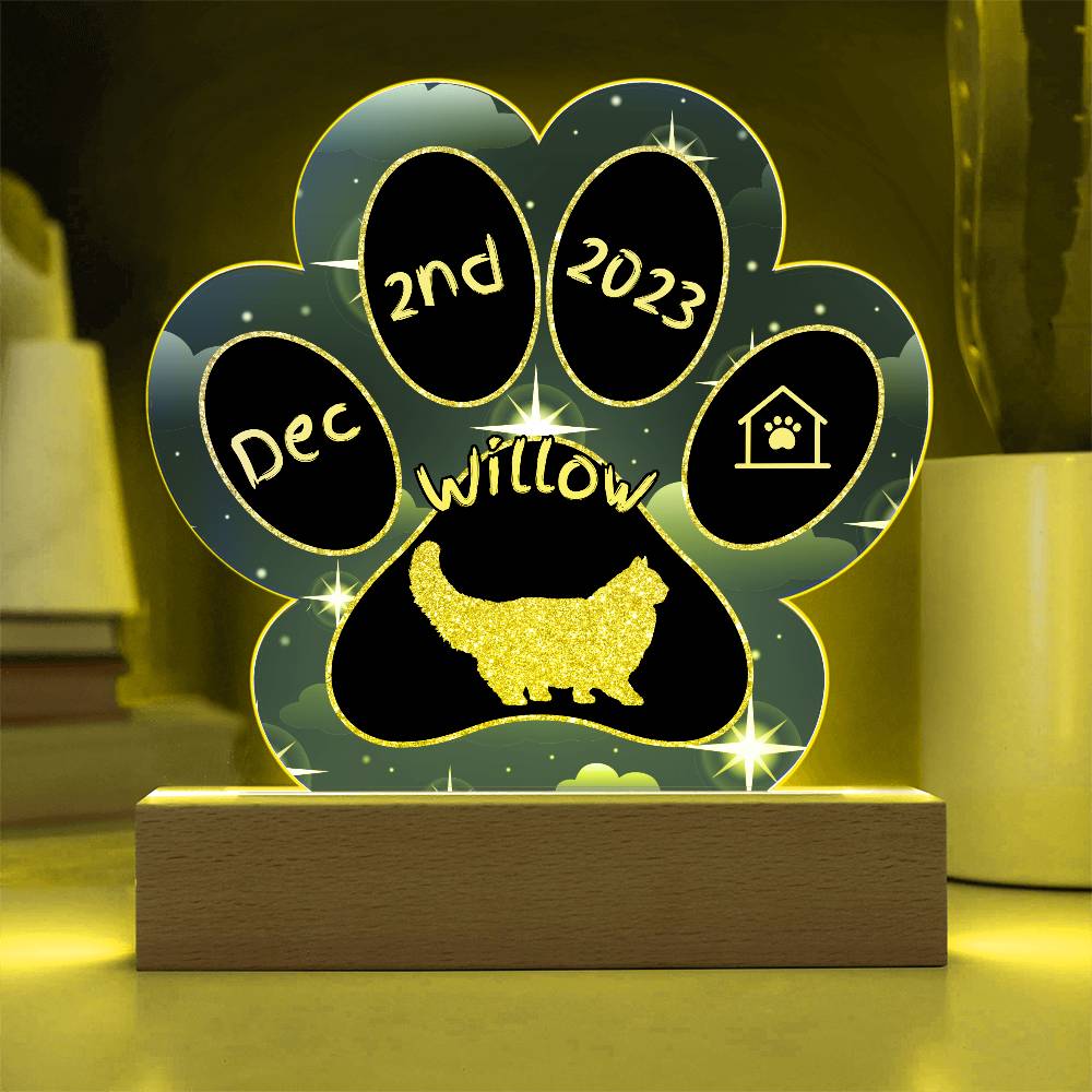 Persian Cat Gotcha Day Plaque - Custom 7" LED Acrylic Paw Print Welcome Home Gift