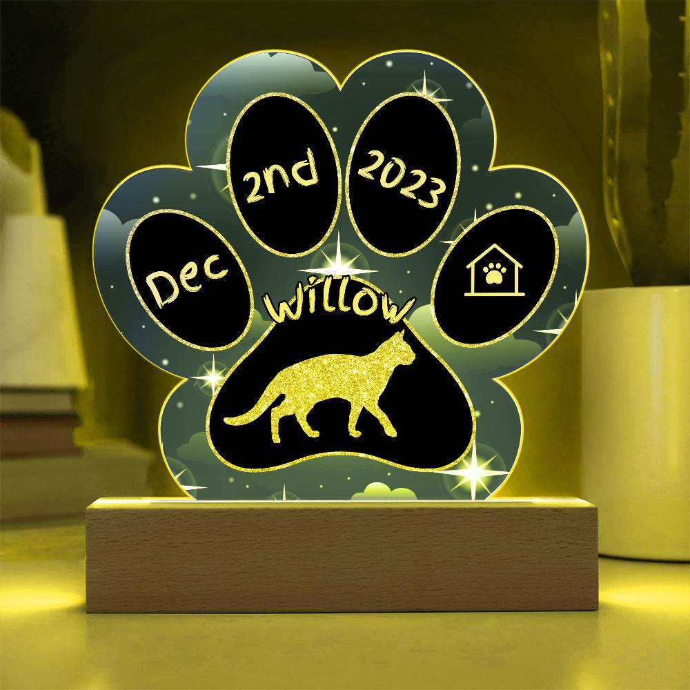 Aegean Cat Gotcha Day Plaque - Custom 7" Acrylic Paw Print LED Adoption Keepsake for Cat Parents