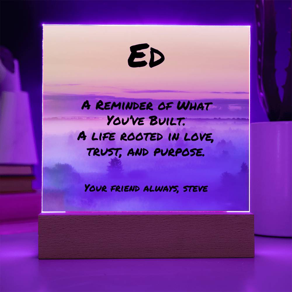 Custom 7-inch acrylic plaque reading “A Reminder of What You’ve Built,” heartfelt father appreciation gift with optional LED display.