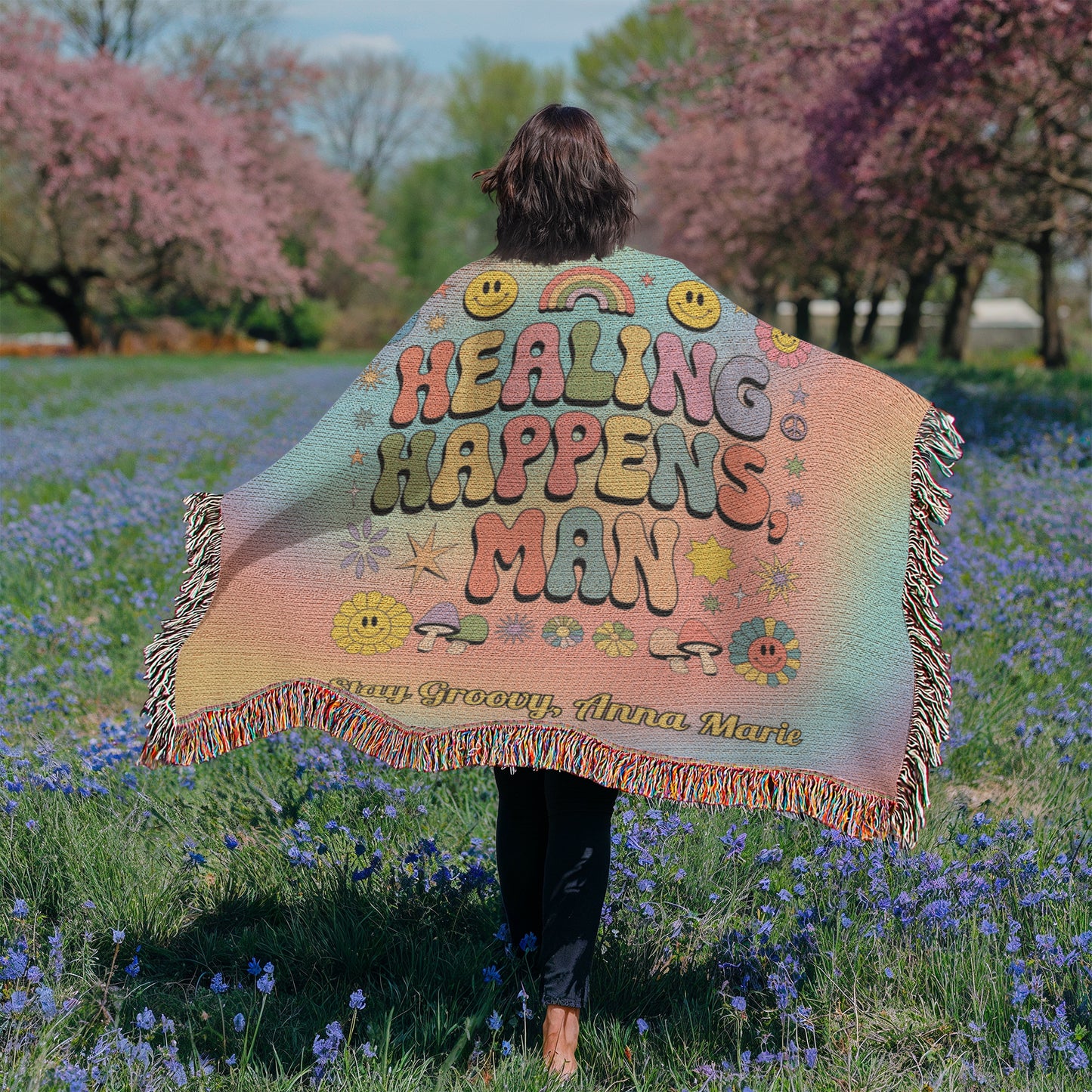 Healing Happens Man groovy affirmation blanket personalized for emotional wellness and mental health support