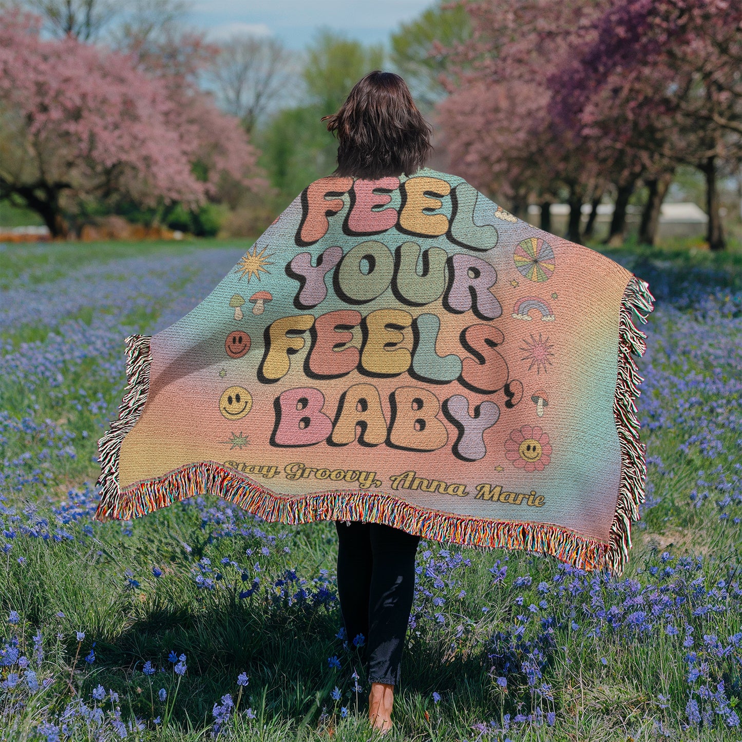 Feel Your Feels Baby woven blanket with retro typography and custom text for emotional wellness and comfort